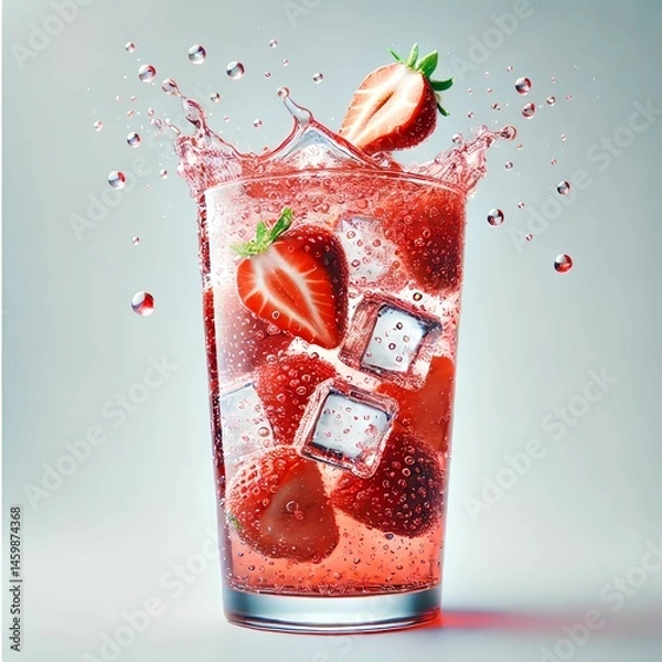 Obraz Strawberry Sparkling Drink Splash with Ice Cubes in Tall Glass