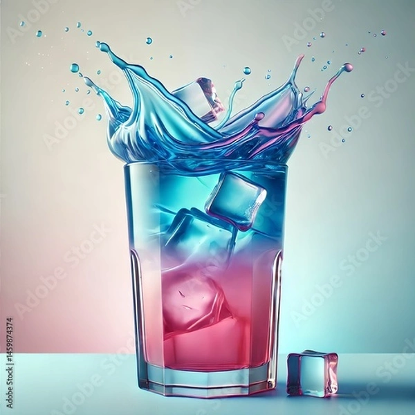 Obraz Orange Soda Splash with Ice Cubes in Glass on Light Background