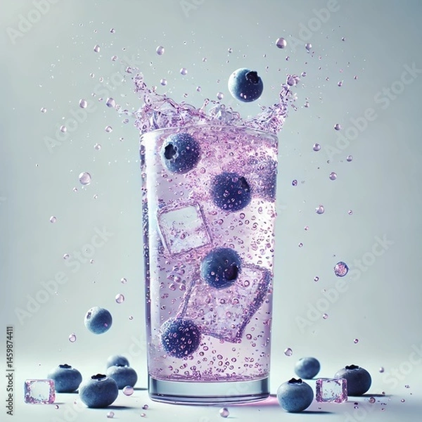 Obraz Blueberry Sparkling Water Splash with Ice Cubes in Tall Glass