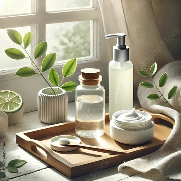 Obraz Natural Skincare Set with Cream, Toner and Pump Bottle on Wooden Tray by Window