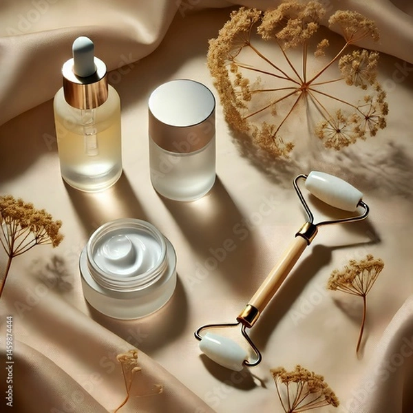 Obraz Luxury Skincare Set with Face Roller and Cream on Satin Fabric Background