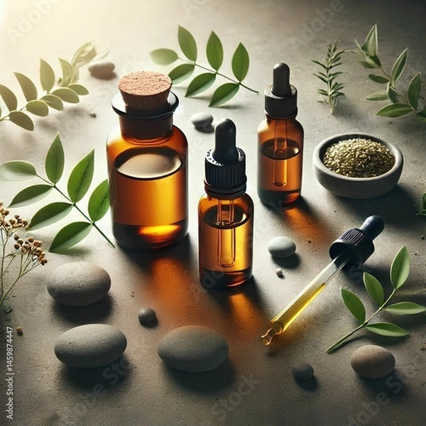 Obraz Natural Essential Oil Bottles with Leaves and Stones in Organic Setting