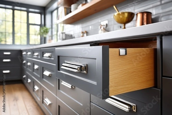 Fototapeta Clean chrome handle on modern light gray cabinet in sunlit interior
