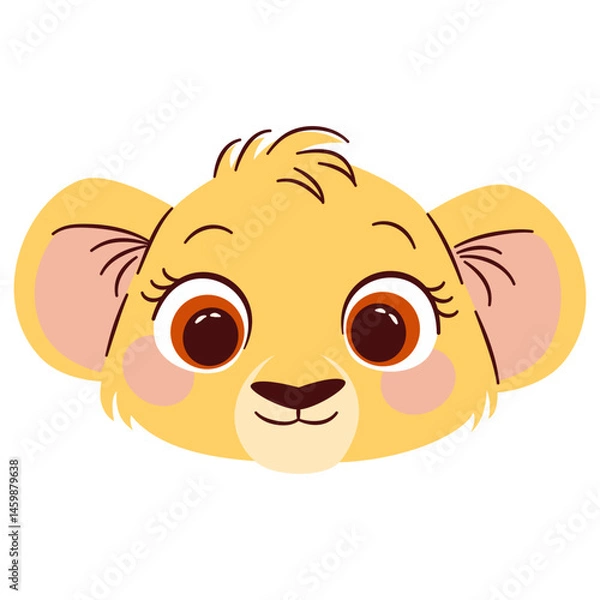 Fototapeta Flat vector illustration in cute cartoon children style. Lion cub face on white background . Vector illustration