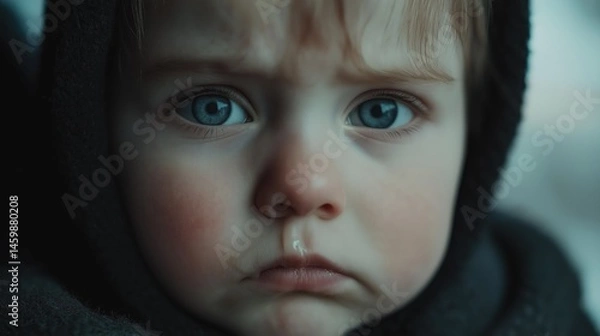Fototapeta Little boy with a snotty nose. Close-up. Sad boy with a runny nose.
