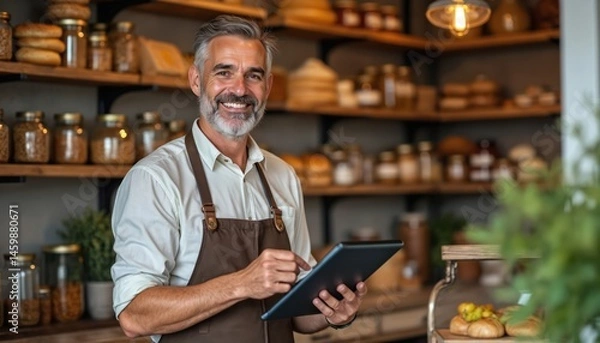 Fototapeta Charming middle-aged man, shop owner in well-stocked bakery holding digital tablet with smile. Rustic decor, entrepreneurial spirit prevalent. Focus on small business, modern tech use for selling