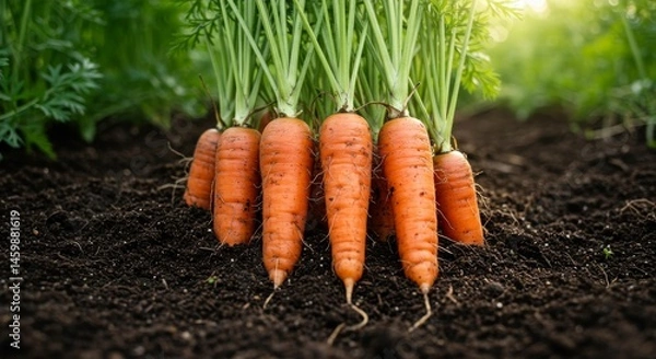 Fototapeta Freshly harvested carrots with vibrant green tops lying on fertile soil