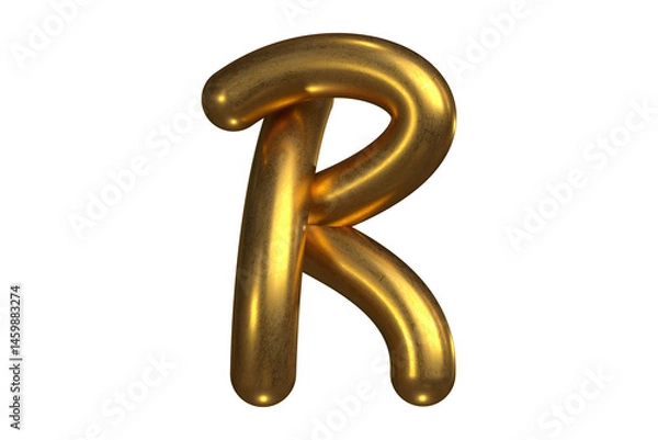 Fototapeta Bold and elegant golden letter R rendered in 3D with intricate glossy details and flowing shapes. High quality 3D rendering.