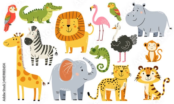 Obraz A set of flat vector illustrations in a simple children's style. Animals of safari and africa. Cute elephant giraffe tiger leopard lion parrot ostrich flamingo crocodile chameleon zebra monkey on