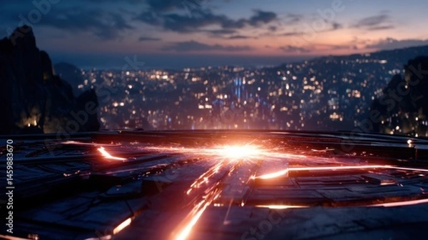 Fototapeta Dark metallic platform with glowing orange lines, cityscape lights, mountain landscape at dusk