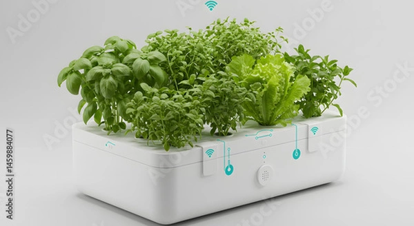 Fototapeta White Rectangular Smart Indoor Herb Garden with Green Basil Lettuce and Parsley