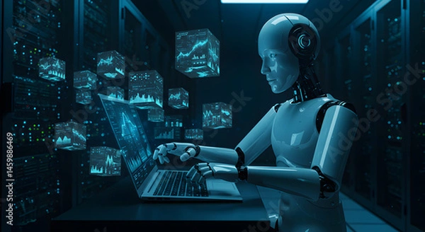 Fototapeta White Robot Analyzing Data on Laptop in Dark Server Room