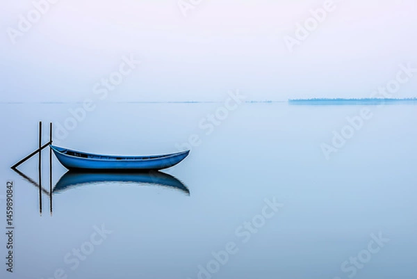 Fototapeta Blue boat rests peacefully on a serene lake under a hazy sky, reflecting in calm water. Nature's minimalist beauty.