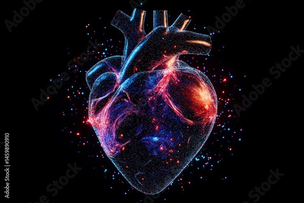 Fototapeta LED Heart Illustration: A digital rendition of a heart, constructed from vibrant particles against a dark background, creating a unique design