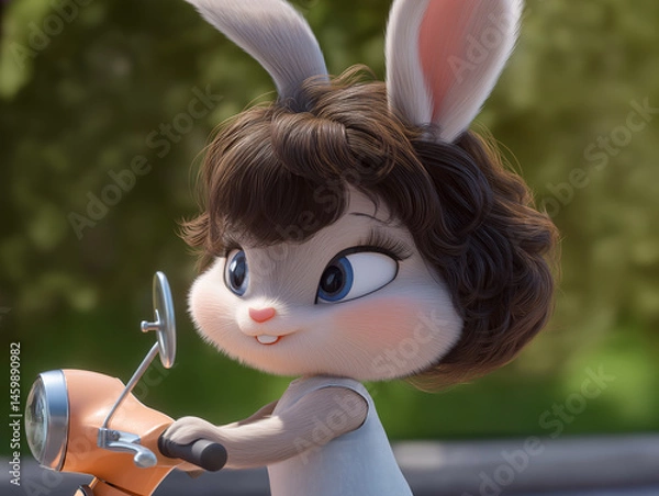 Fototapeta Anthropomorphic bunny with stylish haircut drives a motor scooter, combining human and animal traits for a whimsical, playful image.
