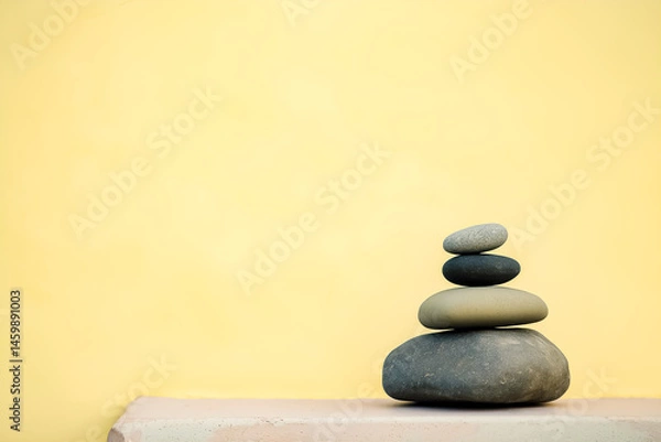 Fototapeta Calm and balanced still life of stacked stones, offering a serene focal point on a smooth stone ledge, set against a warm yellow backdrop.