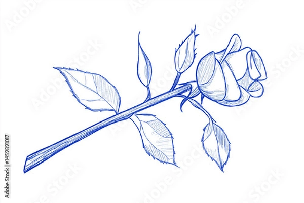 Fototapeta Delicate blue line art of a rose with leaves and stem against a clean white backdrop creating a simple yet elegant botanical illustration.