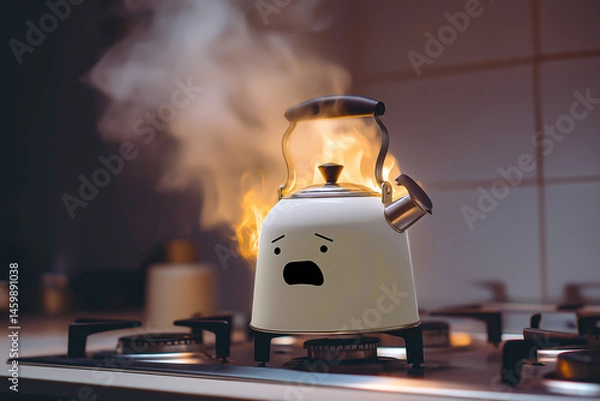 Fototapeta A frightened kettle on a stove bursts into flames, its face showing panic as steam billows around it in a kitchen setting.