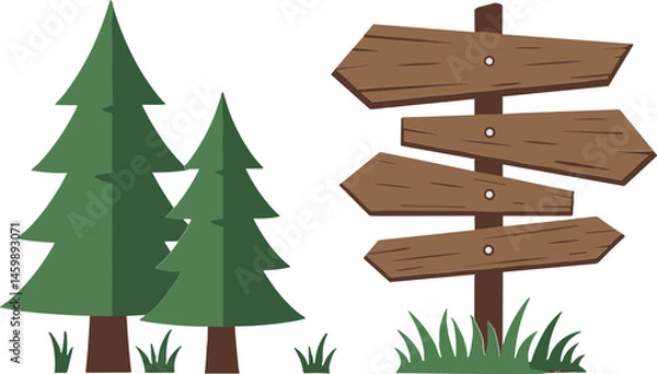 Fototapeta Forest trees with wooden signposts in a natural setting  
