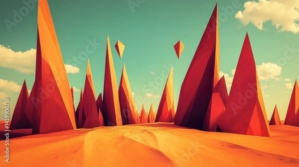 Obraz Low-poly desert landscape with geometric peaks and floating crystals under a vibrant sky.