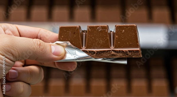 Obraz Consumer examines chocolate bar impacted by shrinkflation at grocery store during shopping trip