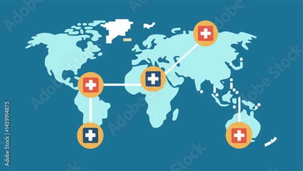 Fototapeta Global Health Network A world map background with blockchain connections linking various healthcare facilities across the globe symbolizing the global potential of blockchain in