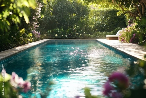 Obraz Serene tropical garden pool with lush greenery and blooming flowers in sunlight