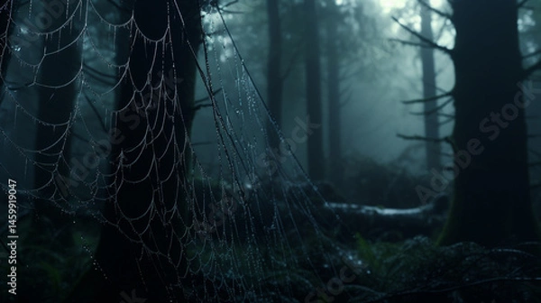 Obraz Close up of a spiderweb with water droplets in a dark and misty forest environment at night time