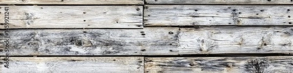Fototapeta Weathered grey wood planks in horizontal rows.  Horizontal wood planks with varied shades of grey, showing signs of age and wear, with visible nail holes