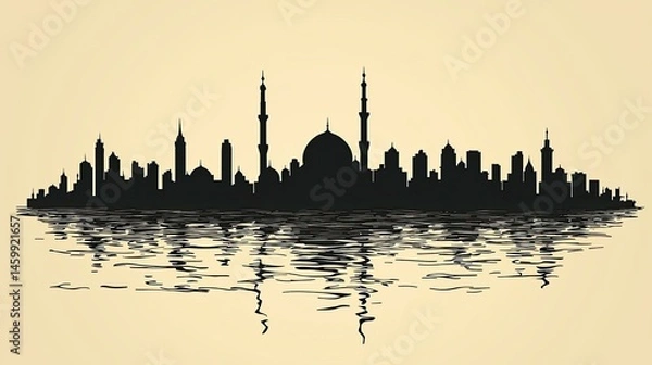 Fototapeta Silhouette of a city skyline reflected in a calm water surface