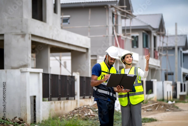 Fototapeta Project manager women and civil engineer wearing safety vests and helmets inspect a housing development site, pointing and discussing project progress with confidence in construction professionals.