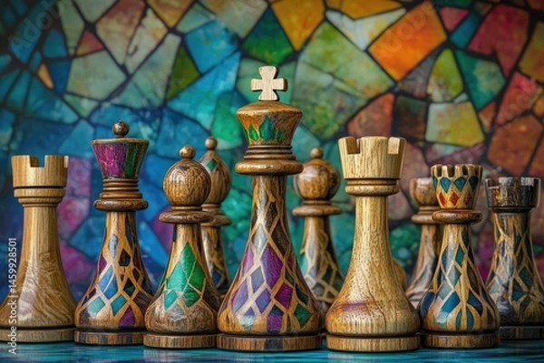 Fototapeta A set of handcrafted chess pieces, adorned with vibrant stained-glass designs, stands against a colorful mosaic backdrop.