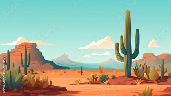 Obraz Illustrated desert landscape with saguaro cacti, mesas, mountains, and a clear blue sky with clouds