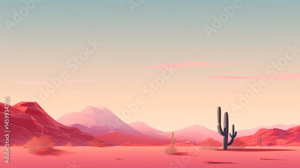 Obraz A pastel desert landscape with mountains and cactus under a serene sky in a stylized rendering