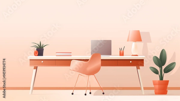 Obraz Illustration of a desk with a laptop chair lamp and plants in a peach toned room setting style
