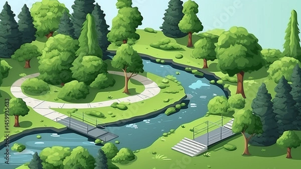Obraz Aerial view of a cartoon park with trees a river and walking paths on a sunny day illustration