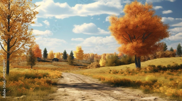 Obraz Dirt path through autumn landscape with orange trees and cloudy blue sky on a sunny day in the countryside