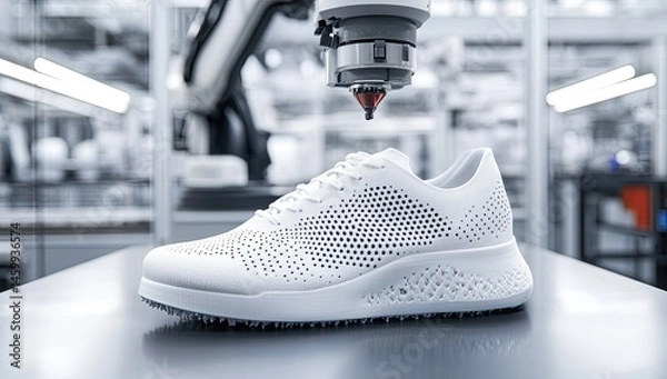 Obraz 3D printed white shoe on a metallic surface,  industrial setting