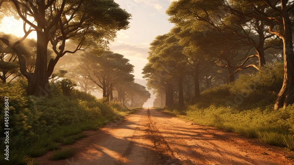 Obraz Dirt road winding through a forest with sunlight shining through the trees in the distance view scene