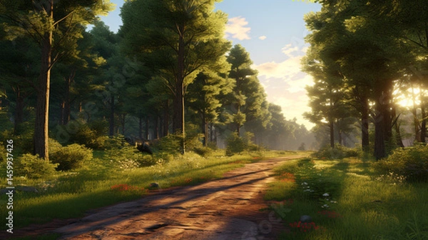Obraz Dirt path winding through a lush green forest with sunlight streaming through the trees in the distance