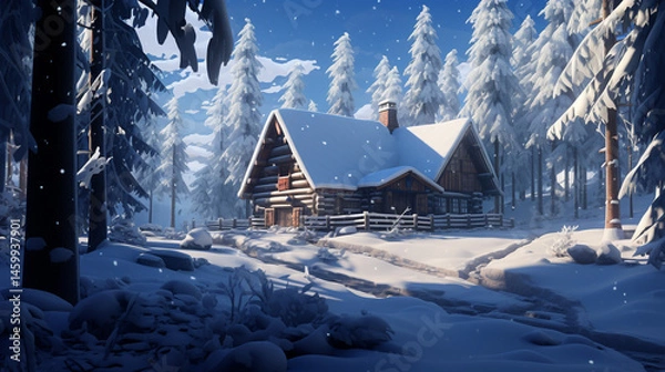 Obraz A snowy log cabin nestled among snow covered trees on a bright winter day with falling snow