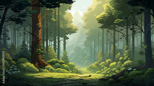Obraz Illustration of a dense forest with tall trees and a path leading into the distance on a sunny day
