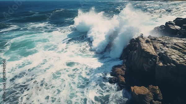 Obraz Ocean waves crashing against rocky cliffs creating a dynamic and powerful seascape scene on the coast