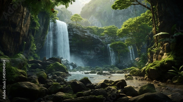 Obraz Lush waterfall cascading into a rocky riverbed surrounded by vibrant green foliage and treescape view