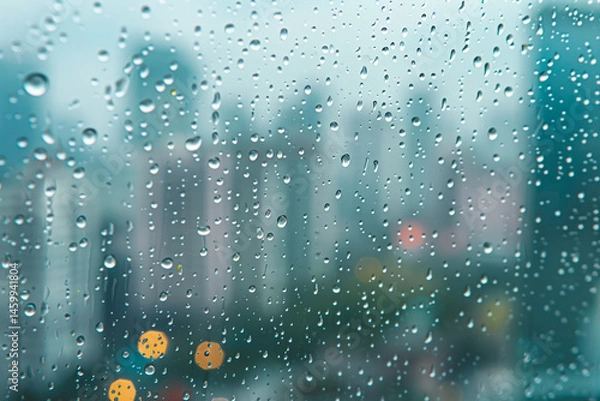 Fototapeta Cityscape with Raindrops Creating a Soft Focus Effect  