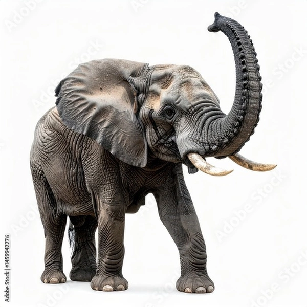 Obraz Majestic Elephant Raising Its Trunk Against a White Background