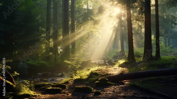 Obraz Sunlight streaming through trees in a dense forest illuminating a path and moss covered ground below