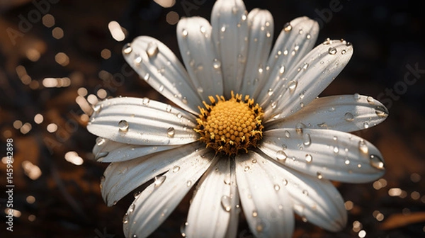 Obraz Close up of a white daisy with water droplets on the petals and a yellow center in soft lighting