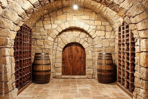 Obraz Elegant Stone Wine Cellar with Wooden Barrels and Racks