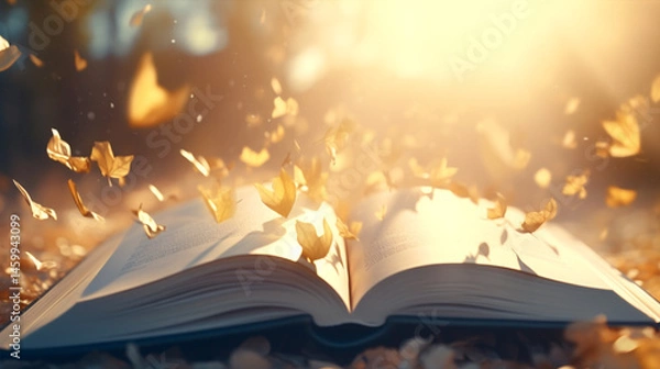Obraz Open book with golden leaves floating against a bright light creating a magical atmosphere